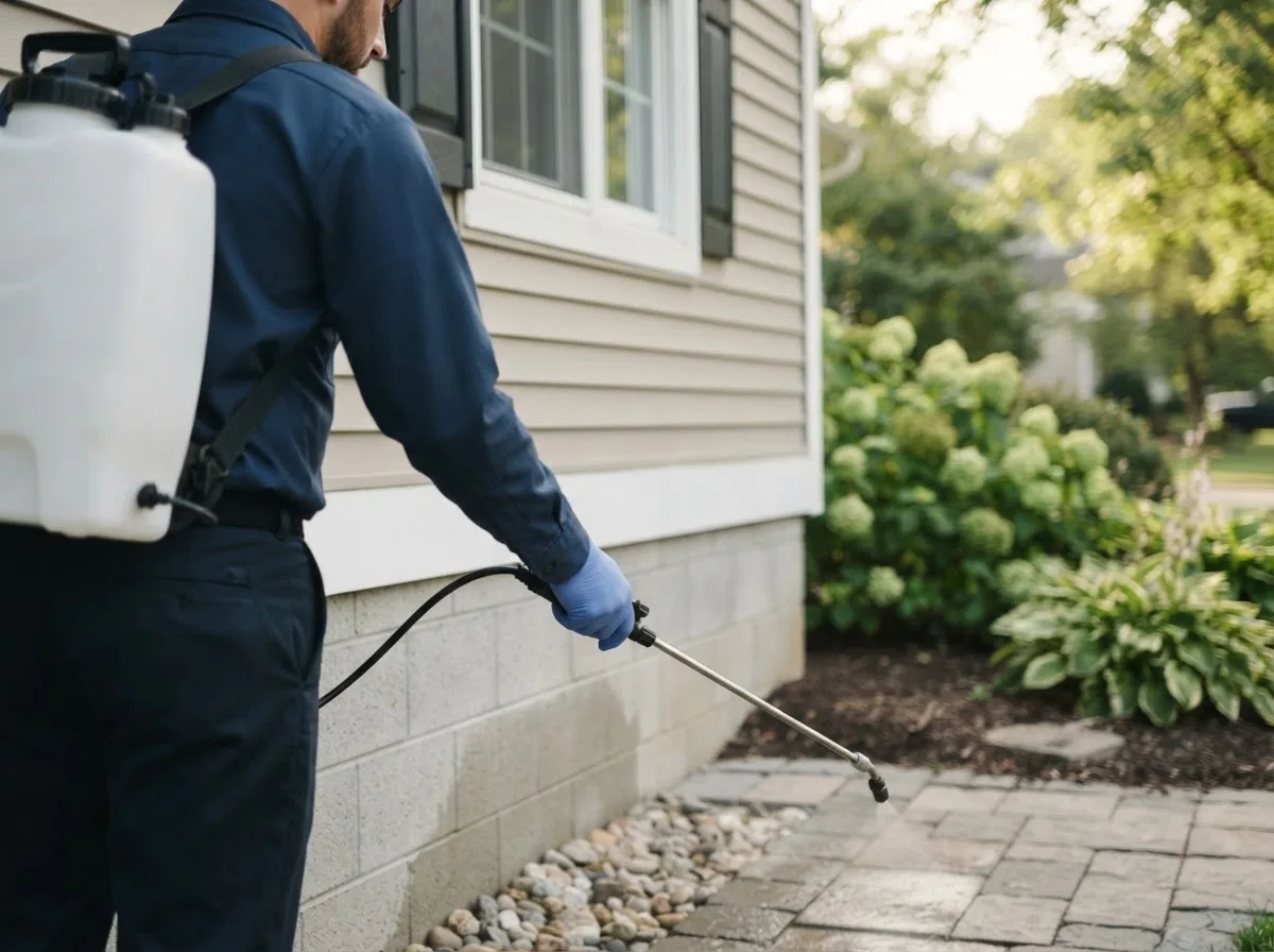 Pest control technician inspecting a home in Rogers City, MI